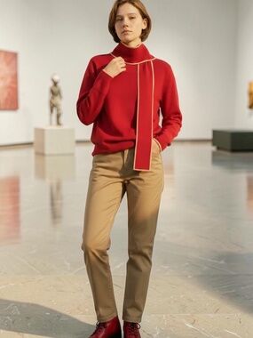 NWT Escada red pullover sweater with tan edges on attached neck tie